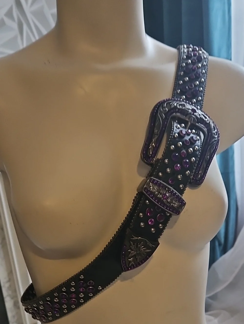 Blacl Leather  Belt With Purple Crystal all Over And Gunmetal Hardware.